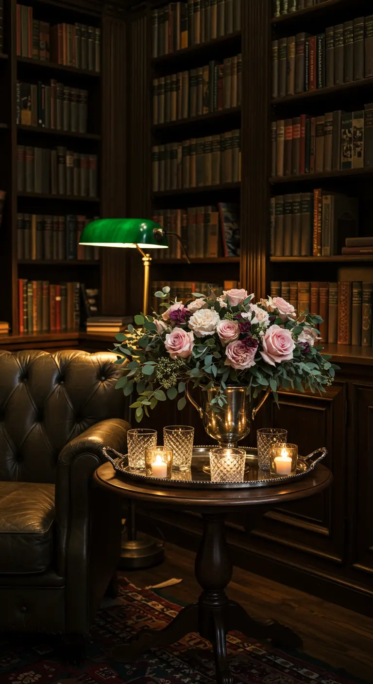 Bouquet de roses roses et blanches dans une bibliothèque au style classique.