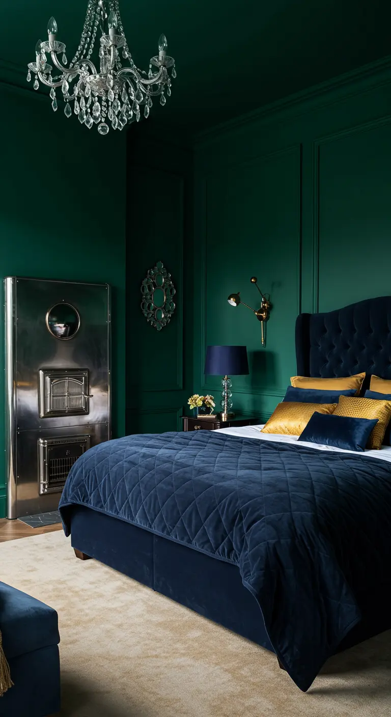 Chambre luxueuse avec murs vert émeraude, lit en velours bleu et touches dorées.
