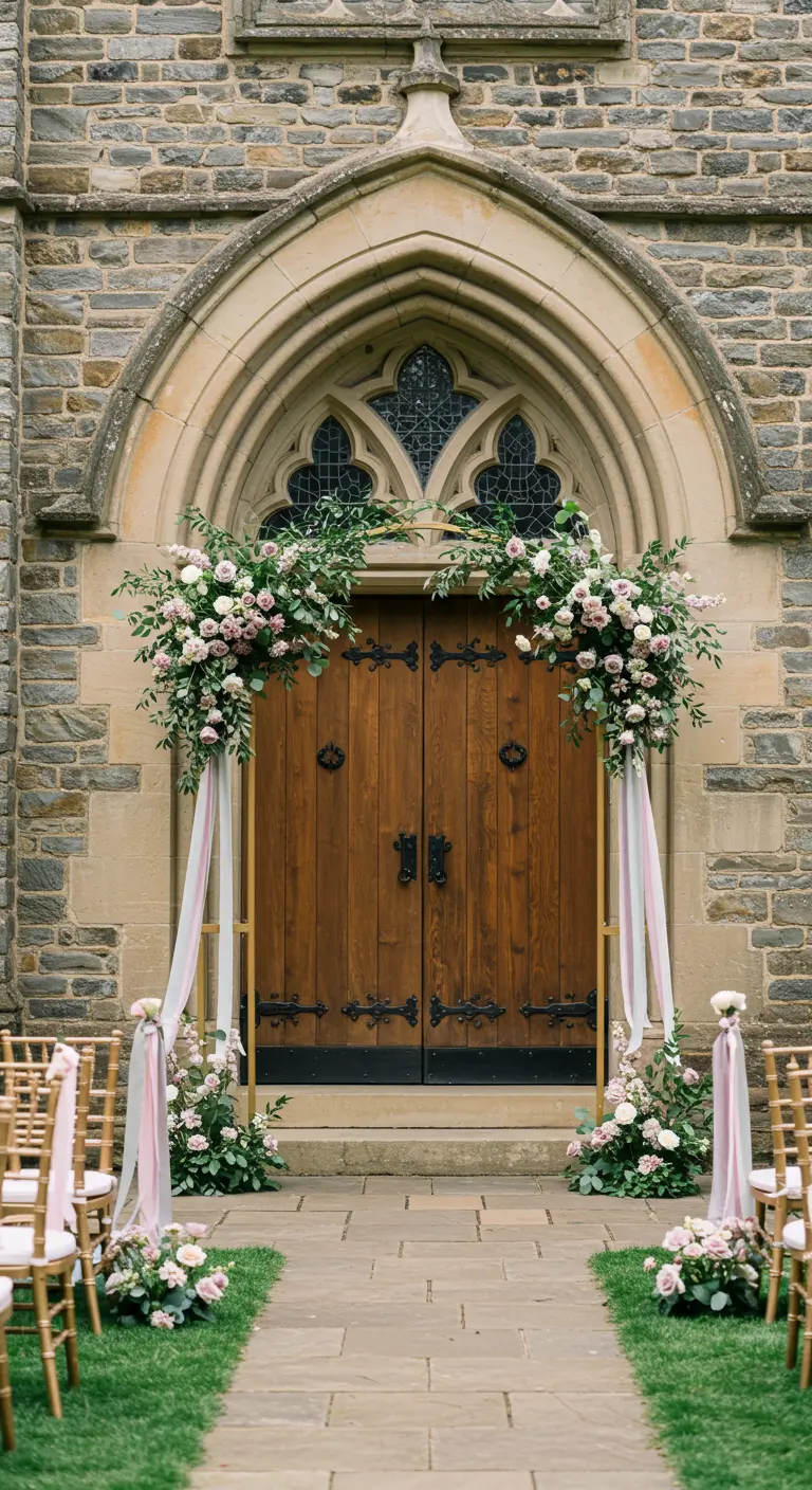 Arche dorée devant une porte d'église en pierre, ornée de fleurs roses.
