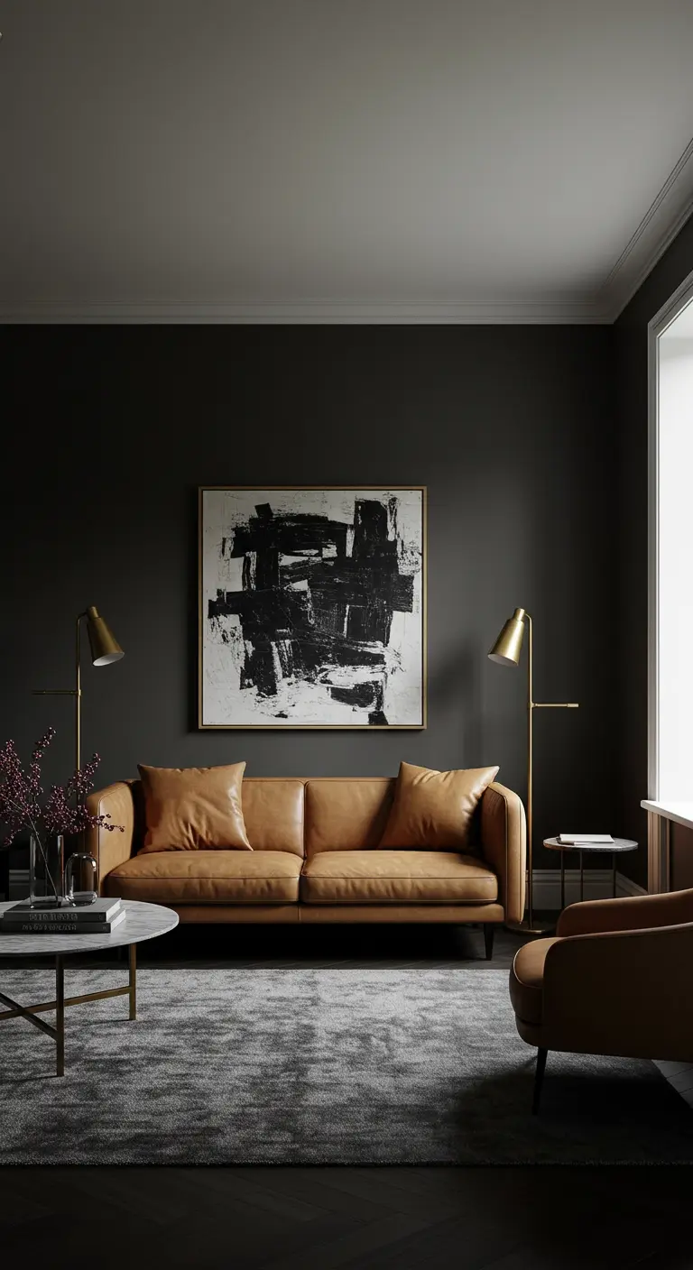 Salon élégant avec un mur d'accent gris foncé, un canapé en cuir camel et des lampes en laiton.