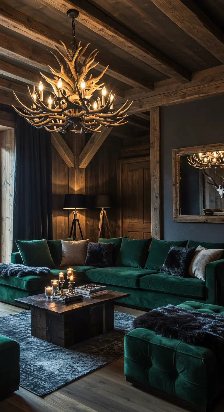 Salon de chalet sombre avec canapé en velours vert et lustre en bois de cerf.