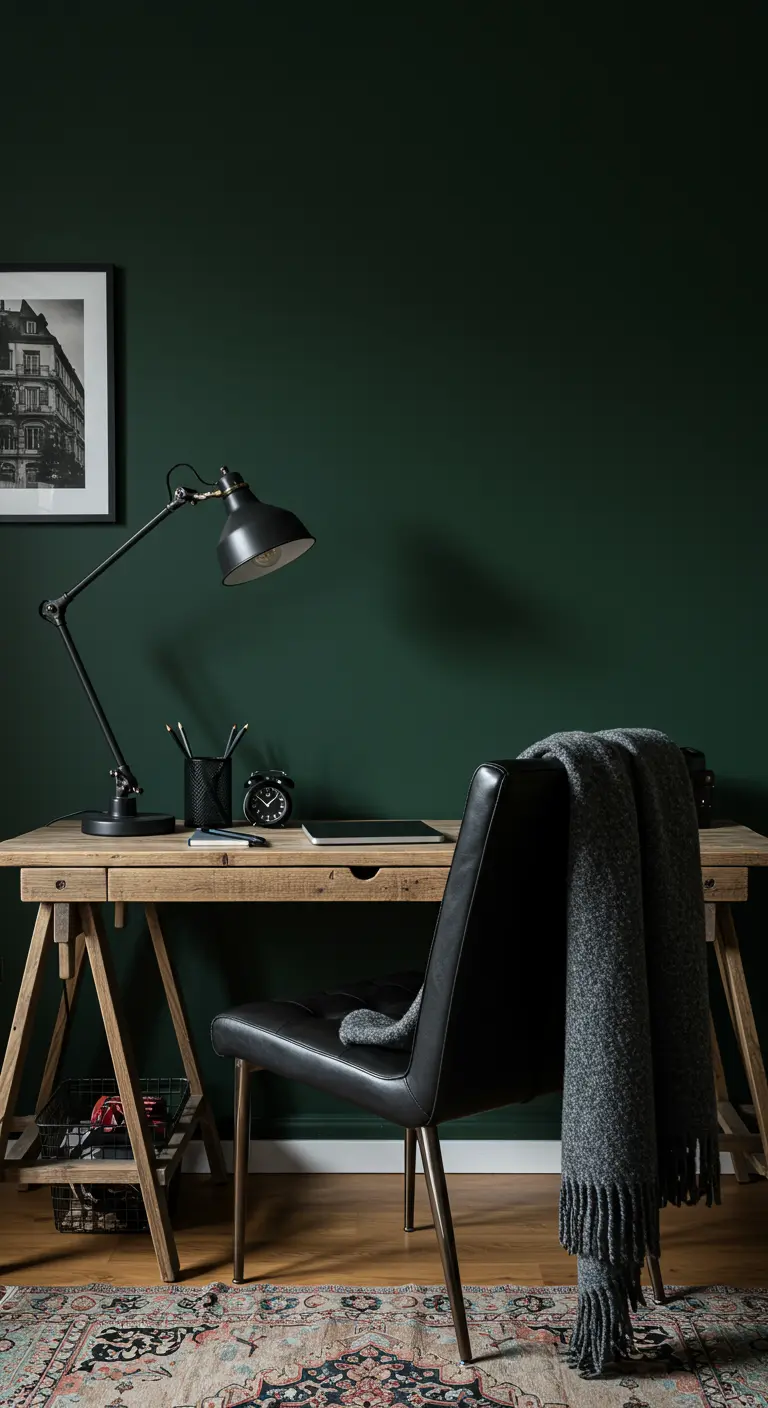Bureau en bois sur tréteaux devant un mur vert foncé, avec une chaise en cuir noir.