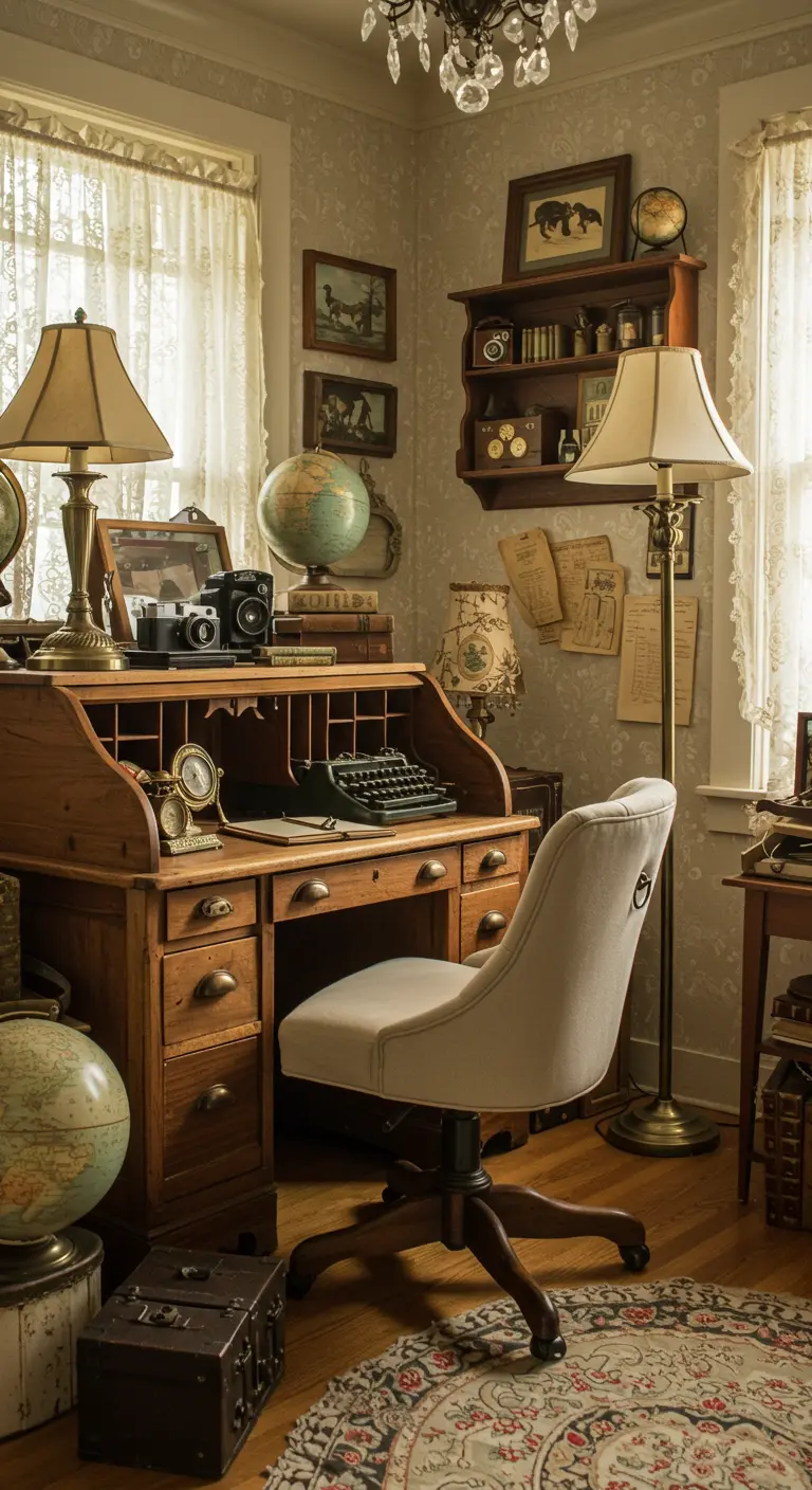 Bureau vintage avec secrétaire à cylindre, globes terrestres, lampes à abat-jour et papier peint fleuri.