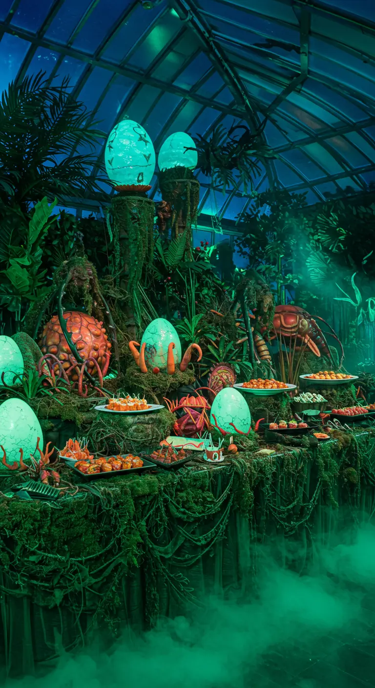 Buffet thème jungle préhistorique avec œufs géants lumineux, végétation dense et brume.