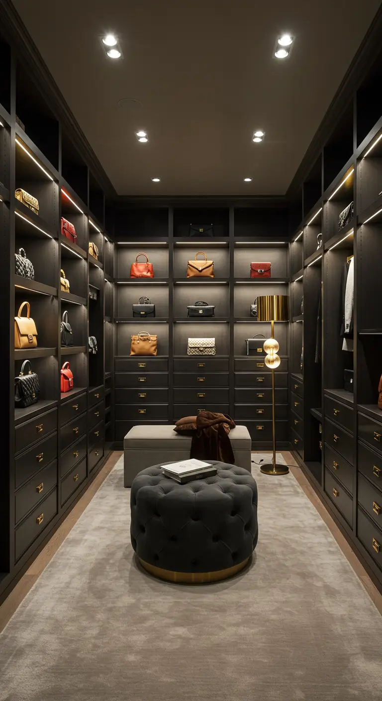 Dressing de luxe sombre avec éclairage intégré et un lampadaire doré.