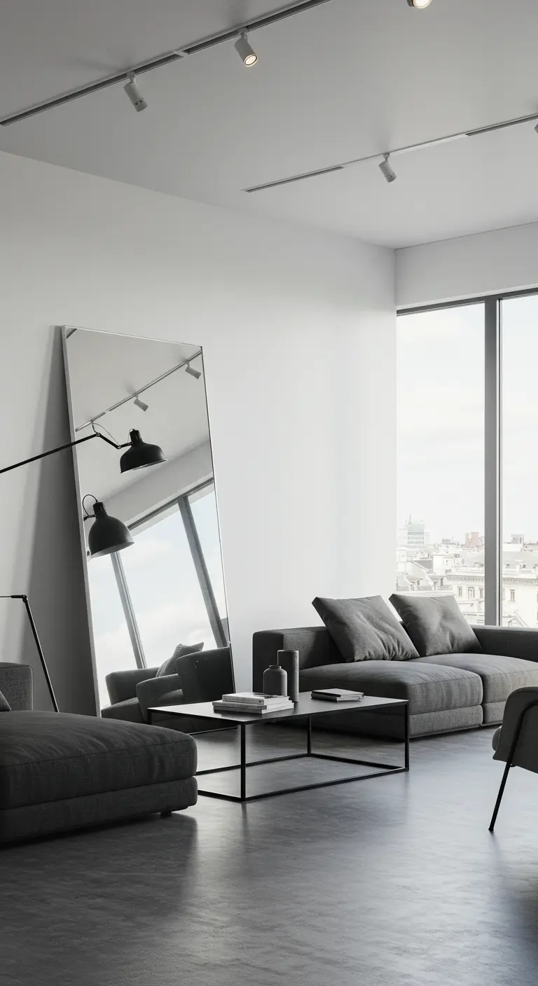 Grand miroir rectangulaire leaning against a white wall in a modern gray living room.
