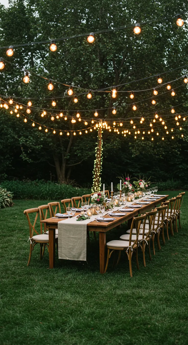 Longue table de dîner en plein air sous des guirlandes lumineuses.