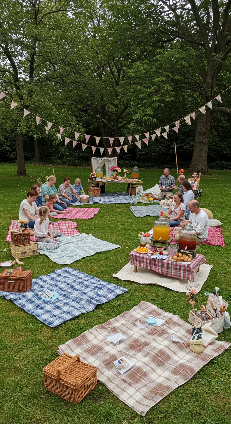 Grand groupe de personnes pique-niquant dans un parc sous une guirlande de fanions.