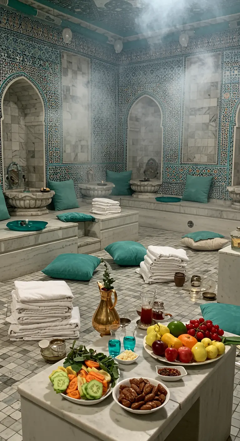 Ambiance de hammam avec mosaïques, vapeur, coussins et plateaux de fruits.