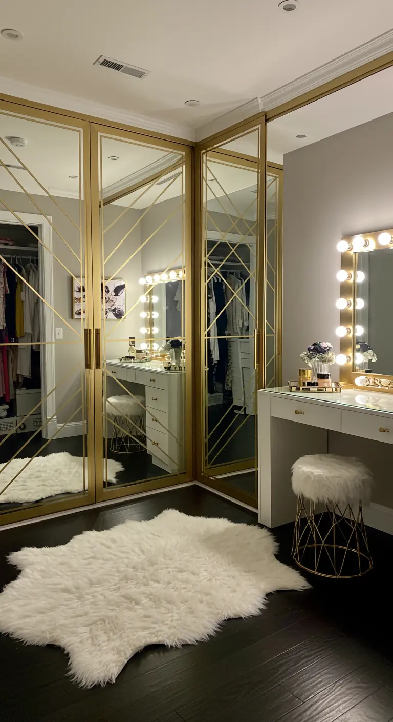 Portes de dressing en miroir avec un motif de lignes dorées entrecroisées.