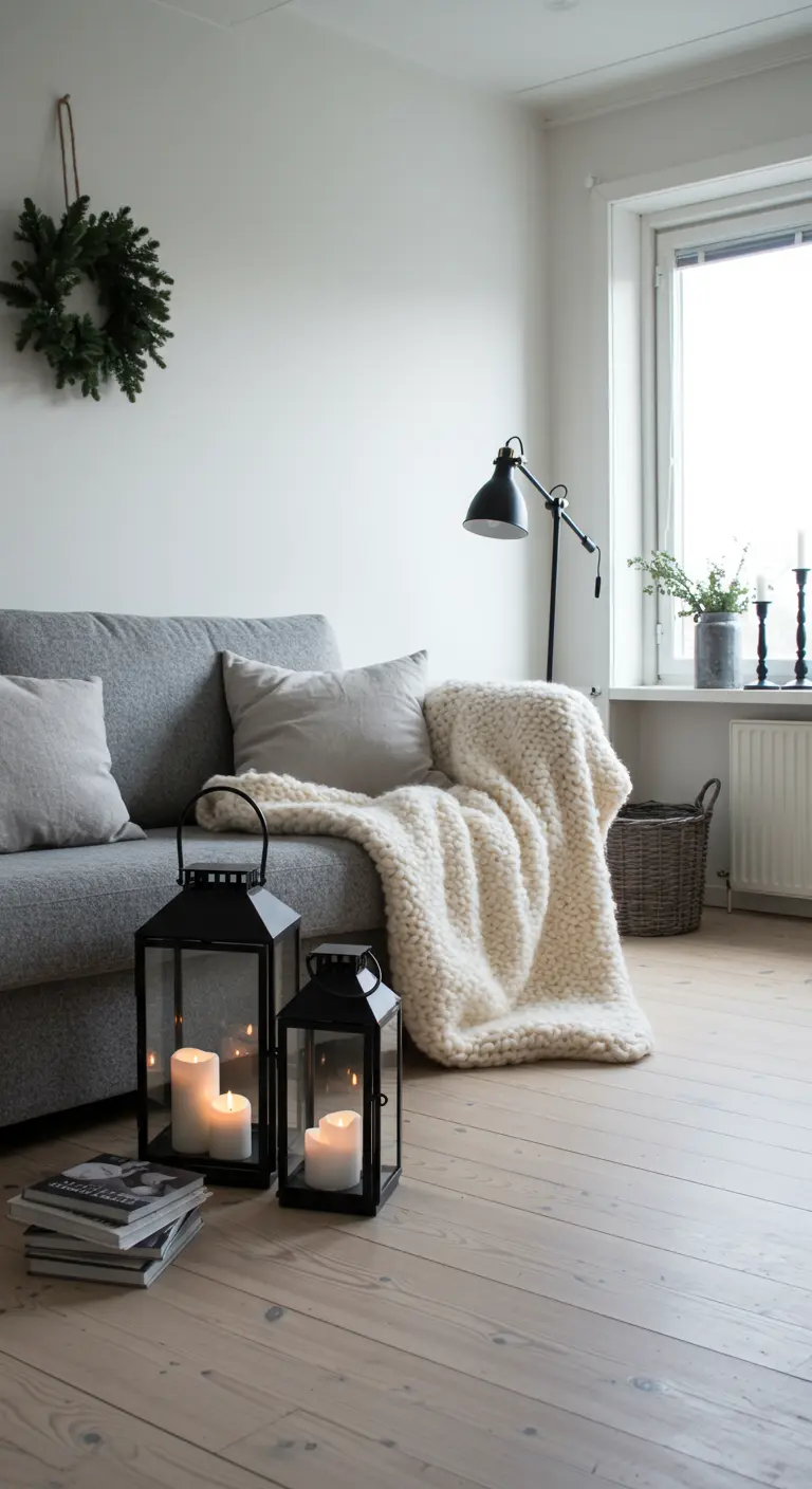 Salon scandinave avec canapé gris, plaid en laine crème et deux lanternes noires au sol.