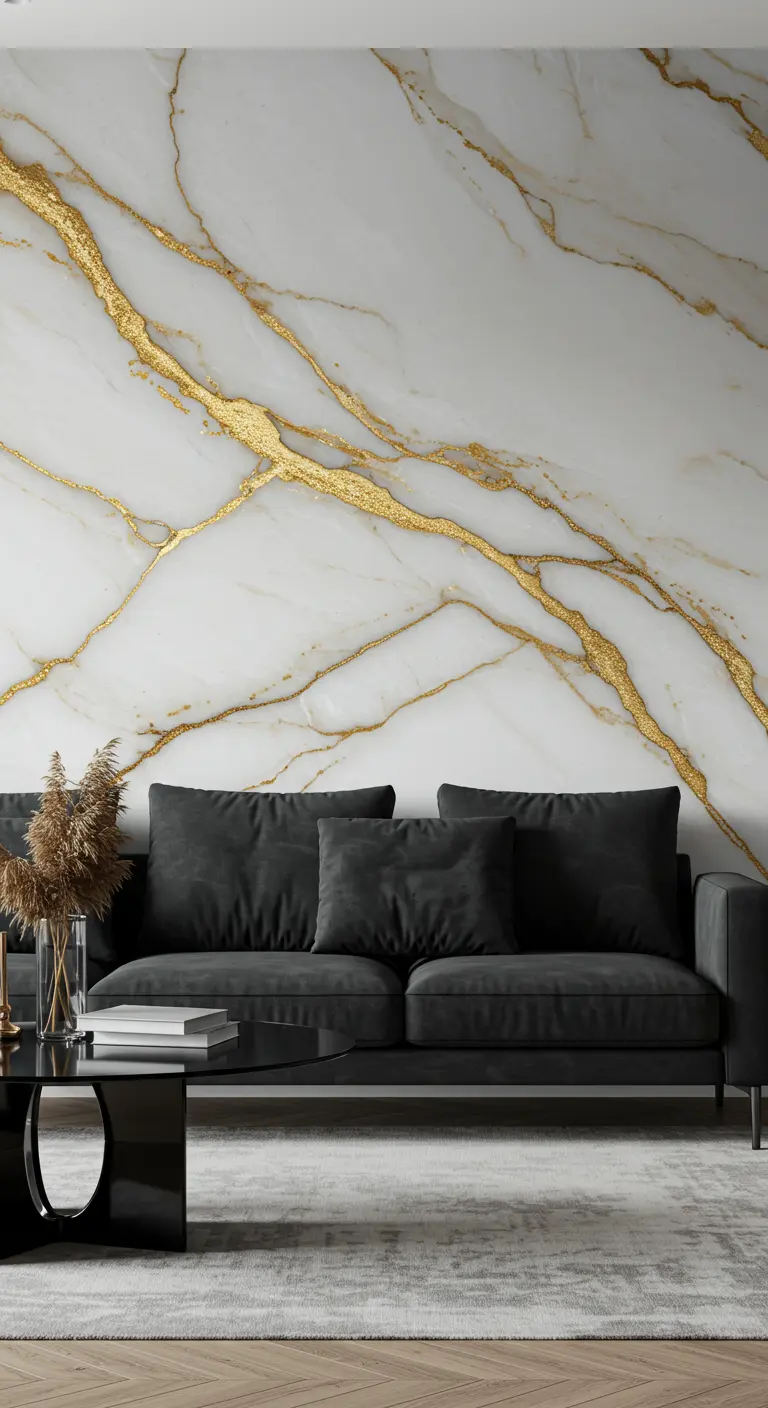 Grand mur d'accent avec un papier peint imitant le marbre blanc avec de larges veines dorées.