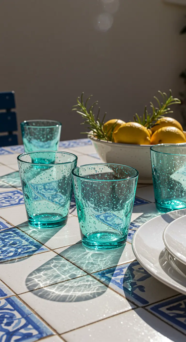 Verres turquoise en verre bullé sur une table en mosaïque bleue et blanche, au soleil.