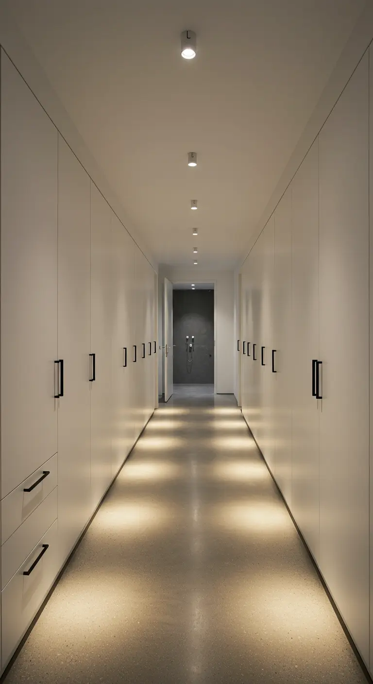 Long couloir de placards blancs éclairé par des spots au ras du sol.