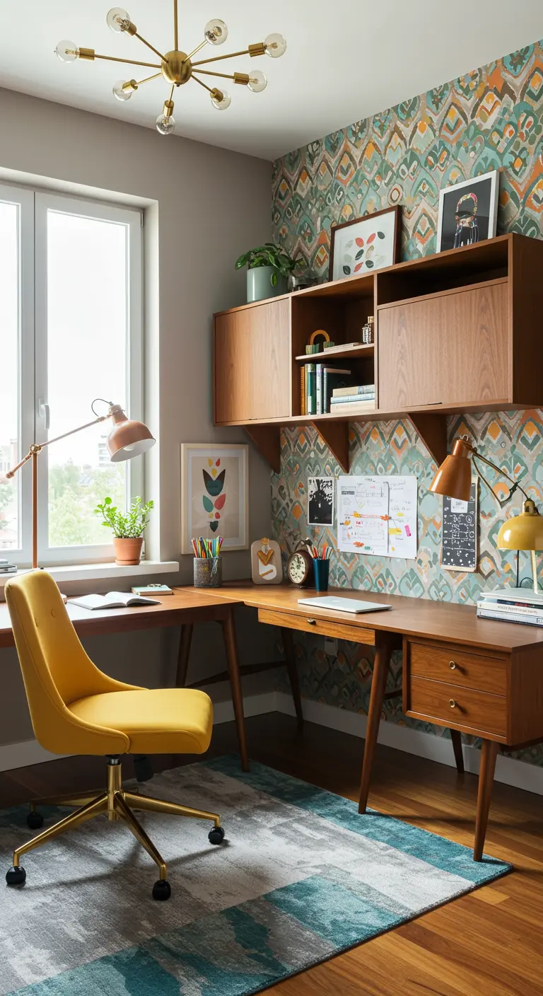 Bureau Mid-Century avec papier peint géométrique, chaise jaune et mobilier en bois