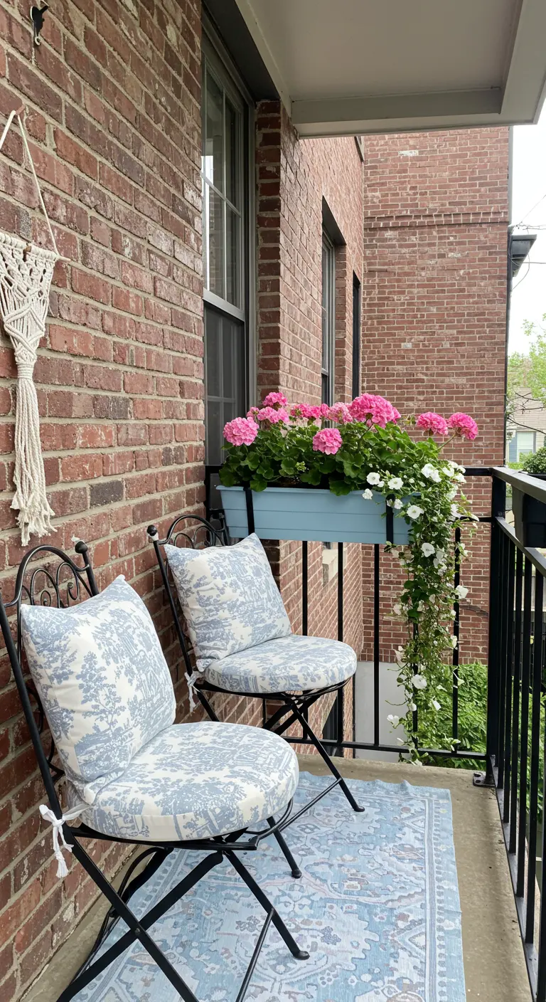 Balcon de style parisien avec des chaises en fer forgé et une jardinière de géraniums.