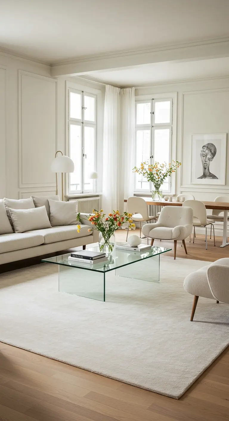 Grand salon lumineux avec un immense tapis beige clair unifiant l'espace salon et repas.
