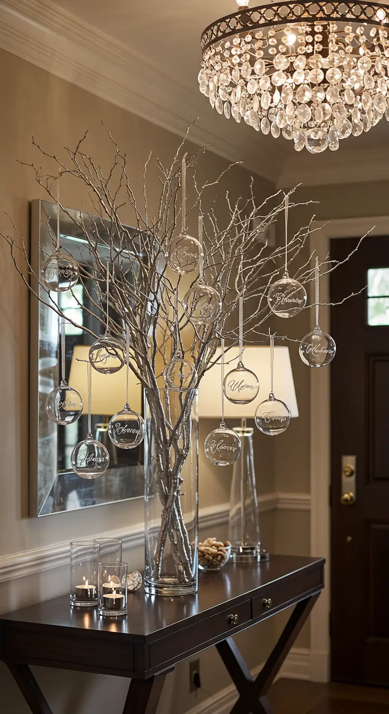 Boules de Noël en verre gravé suspendues à des branches argentées.