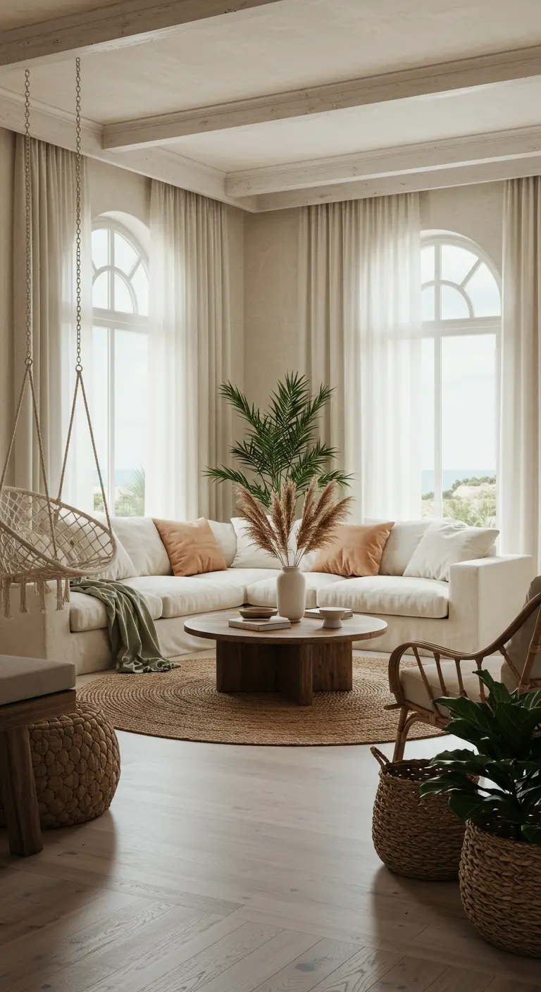 Salon lumineux avec canapé blanc, table basse en bois, tapis rond en jute, et fauteuil suspendu en rotin.