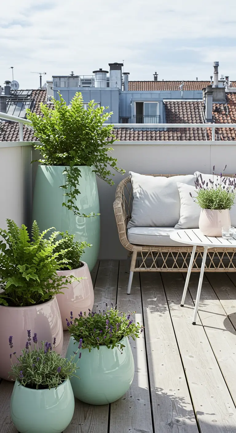 Balcon urbain avec des pots pastel roses et verts remplis de fougères et de lavande