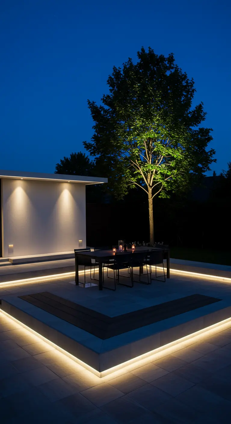 Terrasse moderne avec des rubans LED intégrés sous les marges et un arbre éclairé.