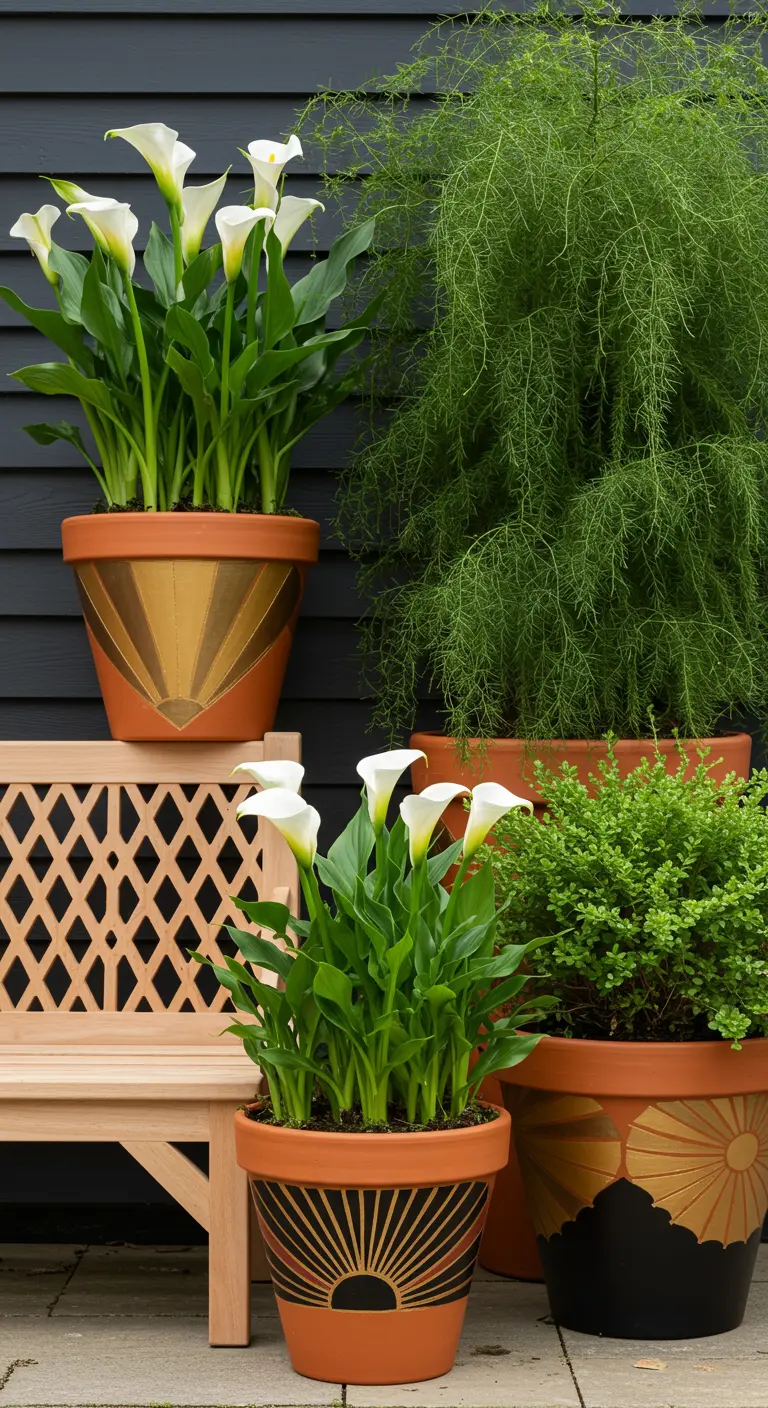 Pots en terre cuite avec des motifs Art Déco dorés et noirs, remplis d'arums blancs.