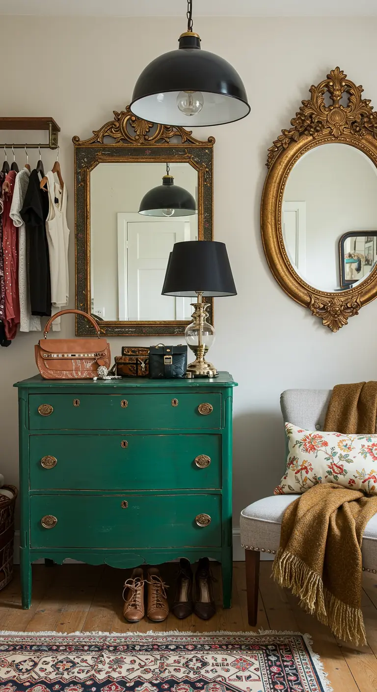 Dressing bohème vintage avec commode verte, miroirs dorés ornés et penderie murale.