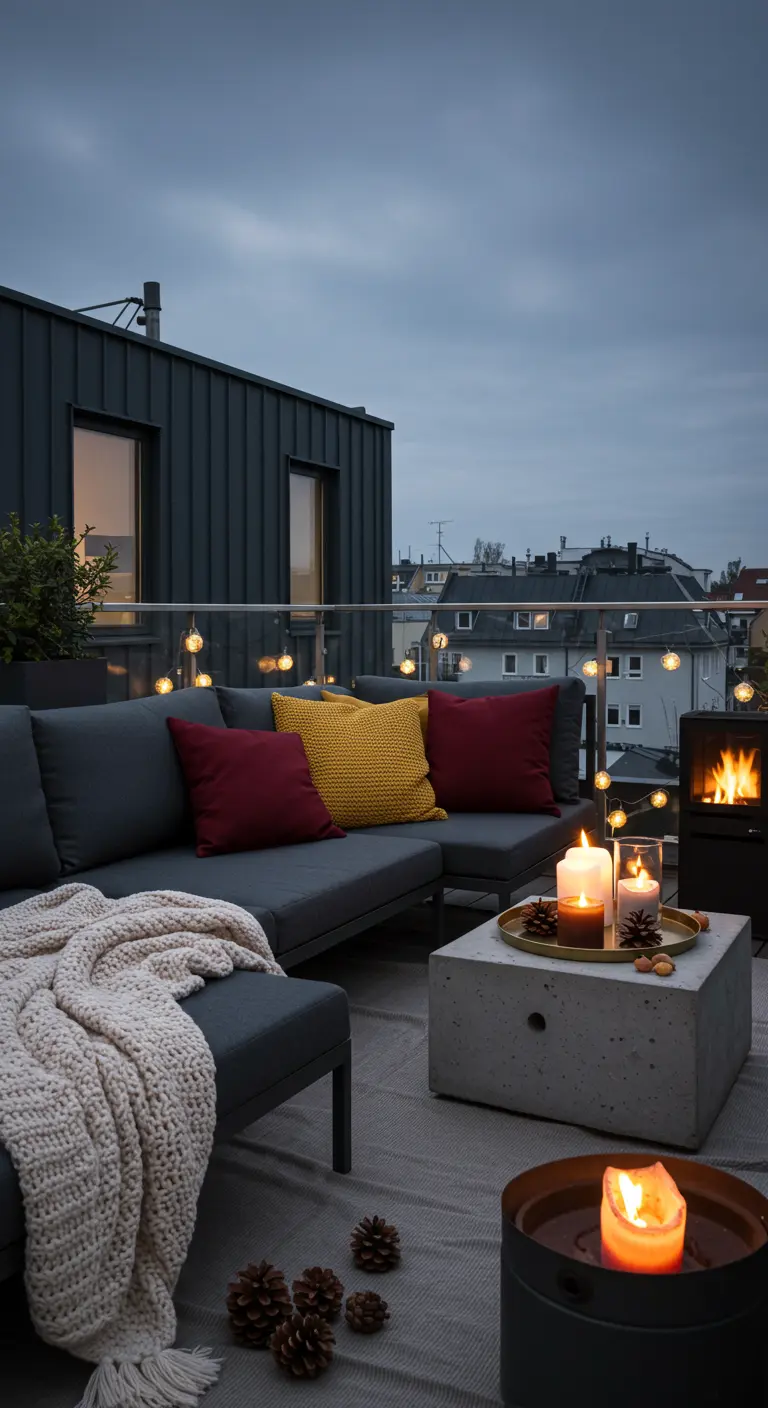 Terrasse moderne avec canapé gris, coussins colorés, et table en béton.