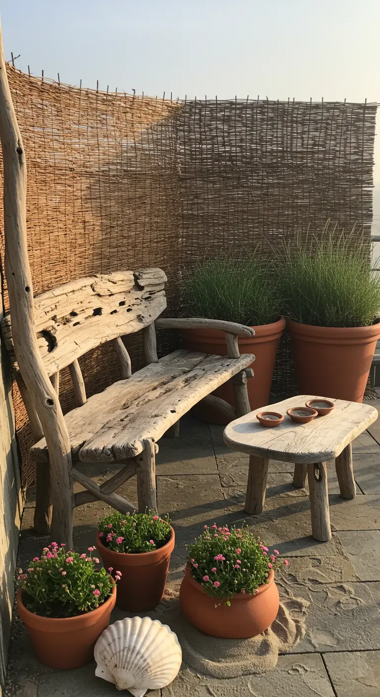 Banc et table en bois flotté sur une terrasse avec un paravent en osier