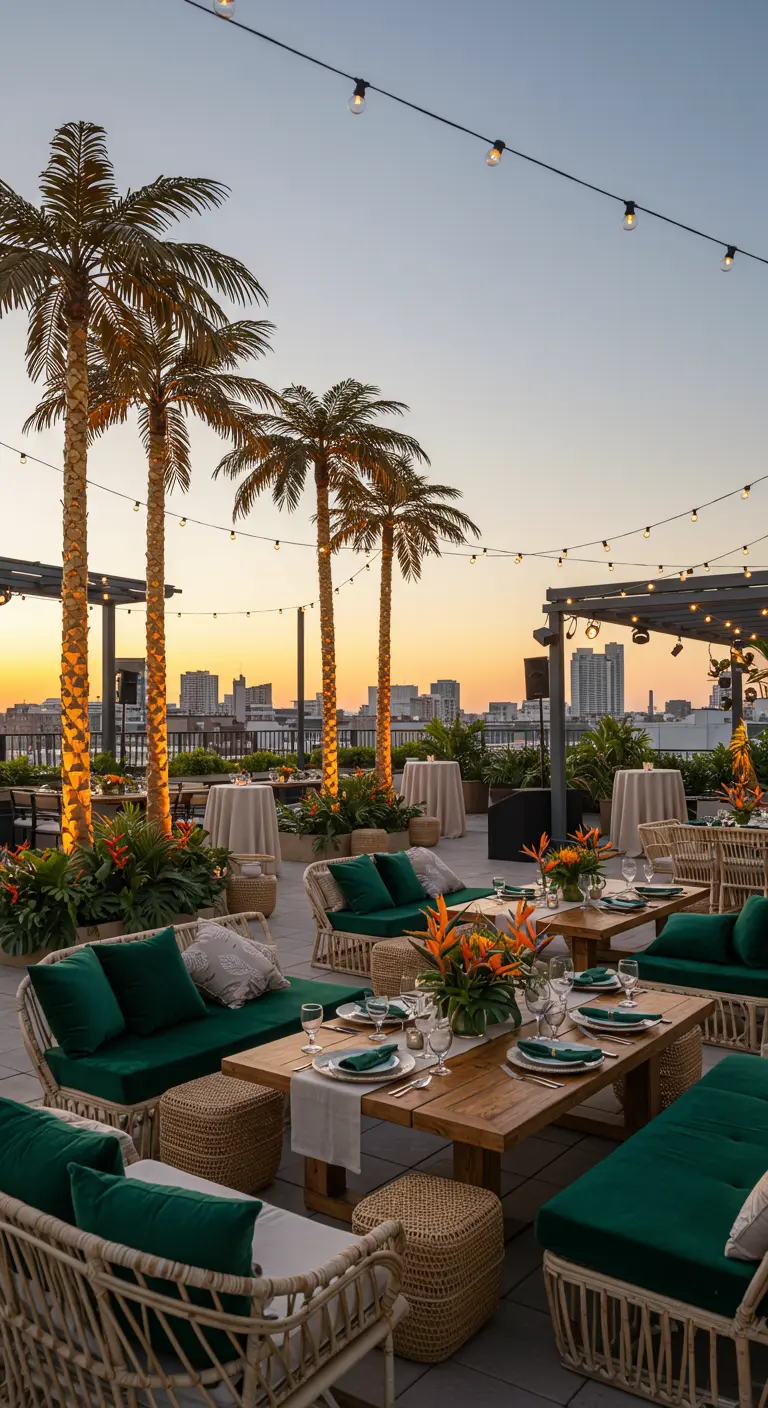 Rooftop élégant avec palmiers illuminés, mobilier en rotin, coussins verts et guirlandes lumineuses au coucher du soleil.