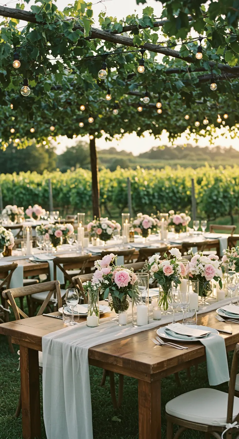 Table de mariage en bois brut dans un vignoble, chemin de table bleu, pivoines roses, bougies et guirlandes lumineuses.
