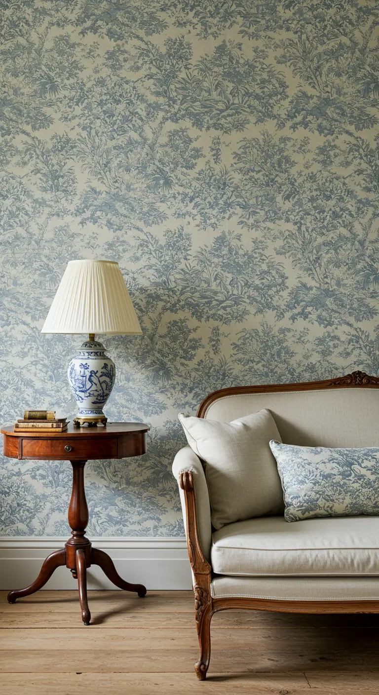 Mur d'accent avec un papier peint en Toile de Jouy bleu et blanc, à côté d'un canapé classique.