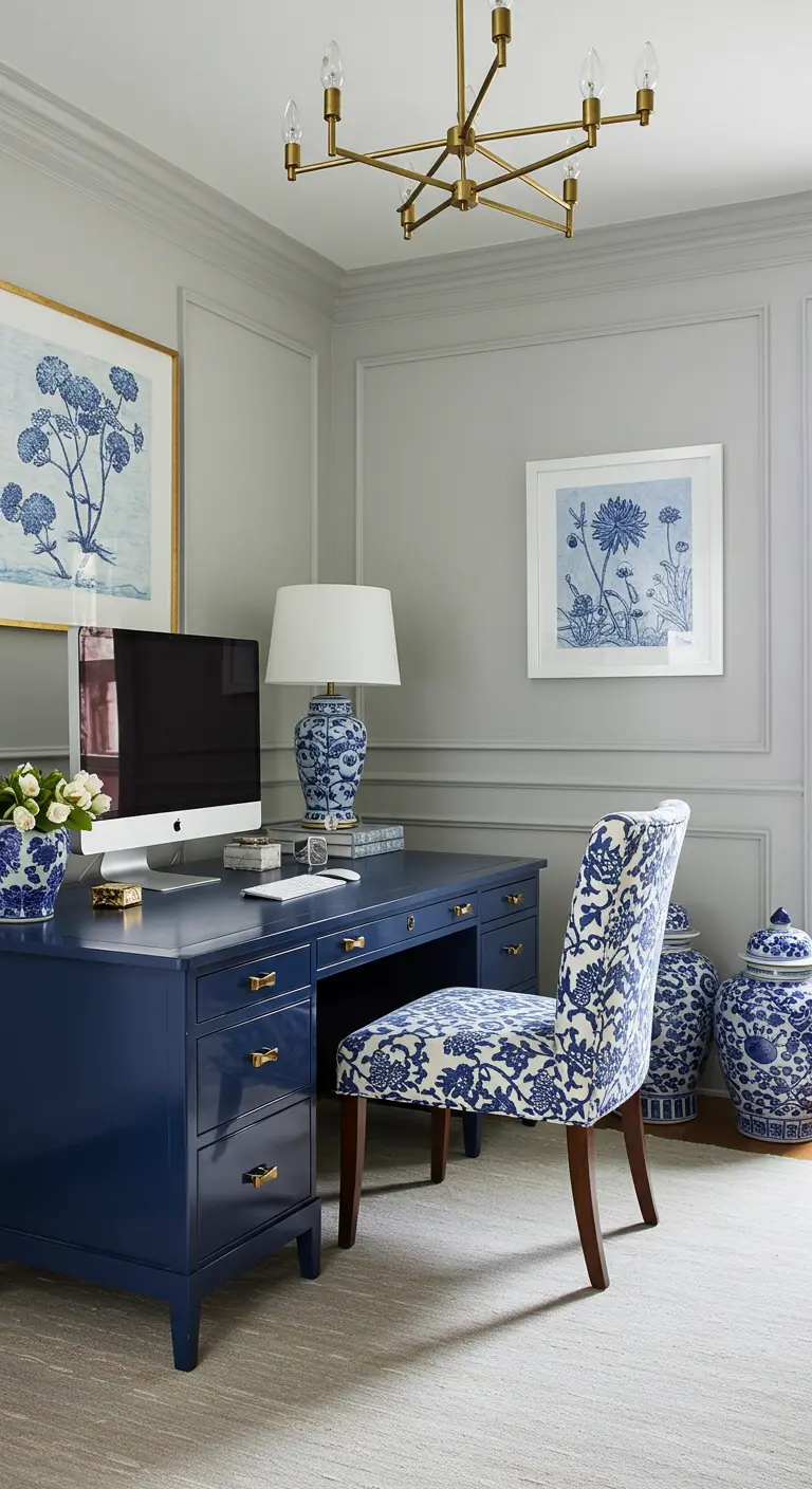 Bureau bleu cobalt avec une chaise à motifs bleus et blancs et des lampes en porcelaine.