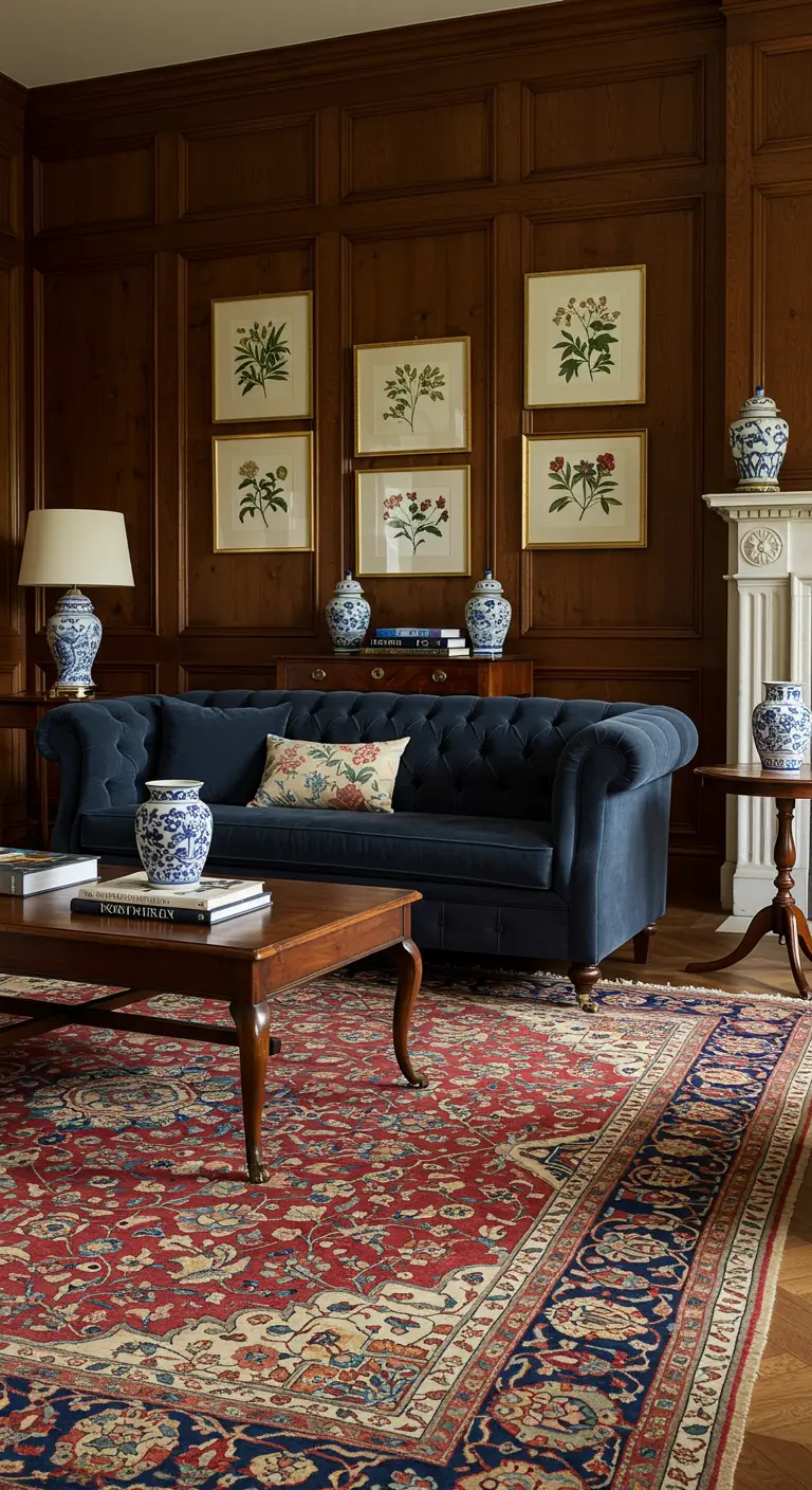 Salon classique anglais avec canapé Chesterfield bleu marine, boiseries sombres, tapis oriental et céramiques.