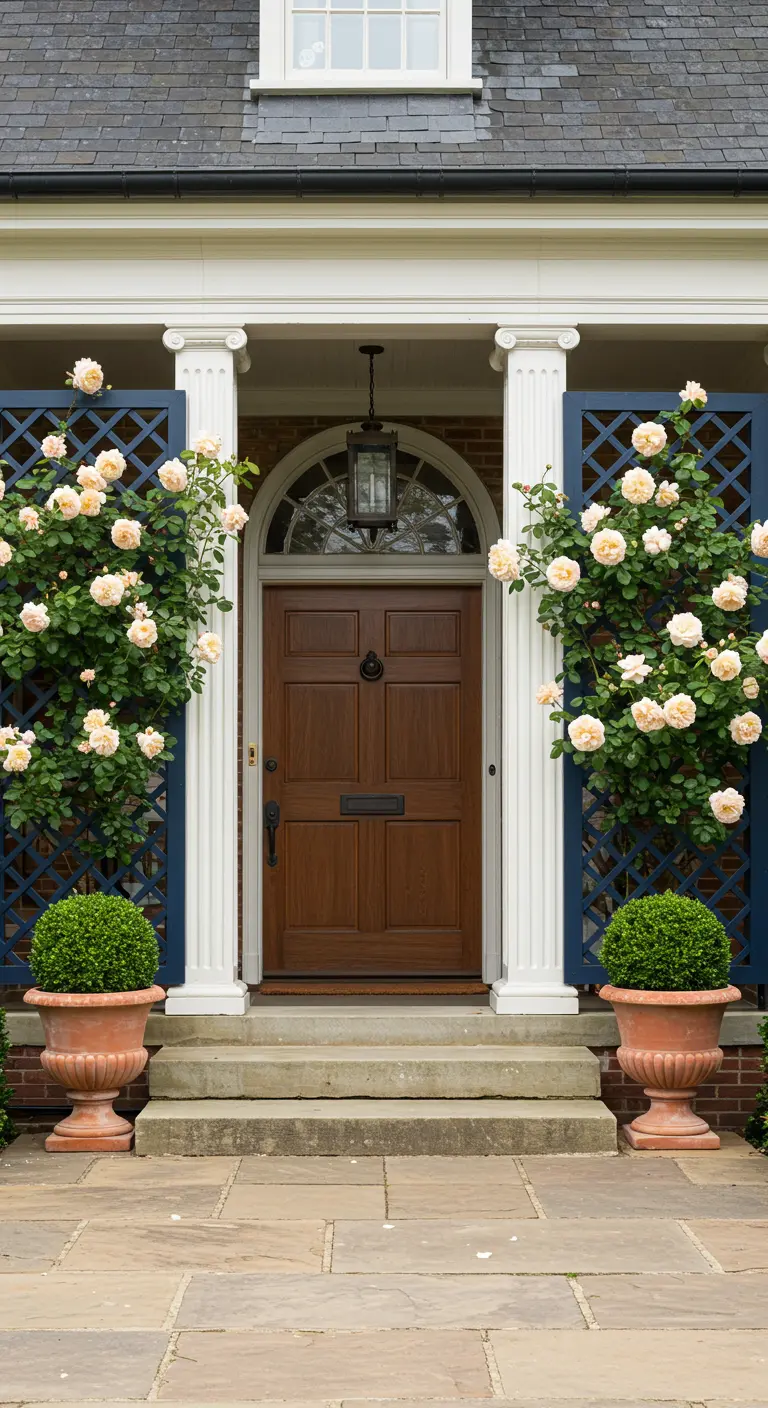 Entrée de maison classique avec porte en bois, colonnes blanches et treillis bleus encadrés de rosiers grimpants.