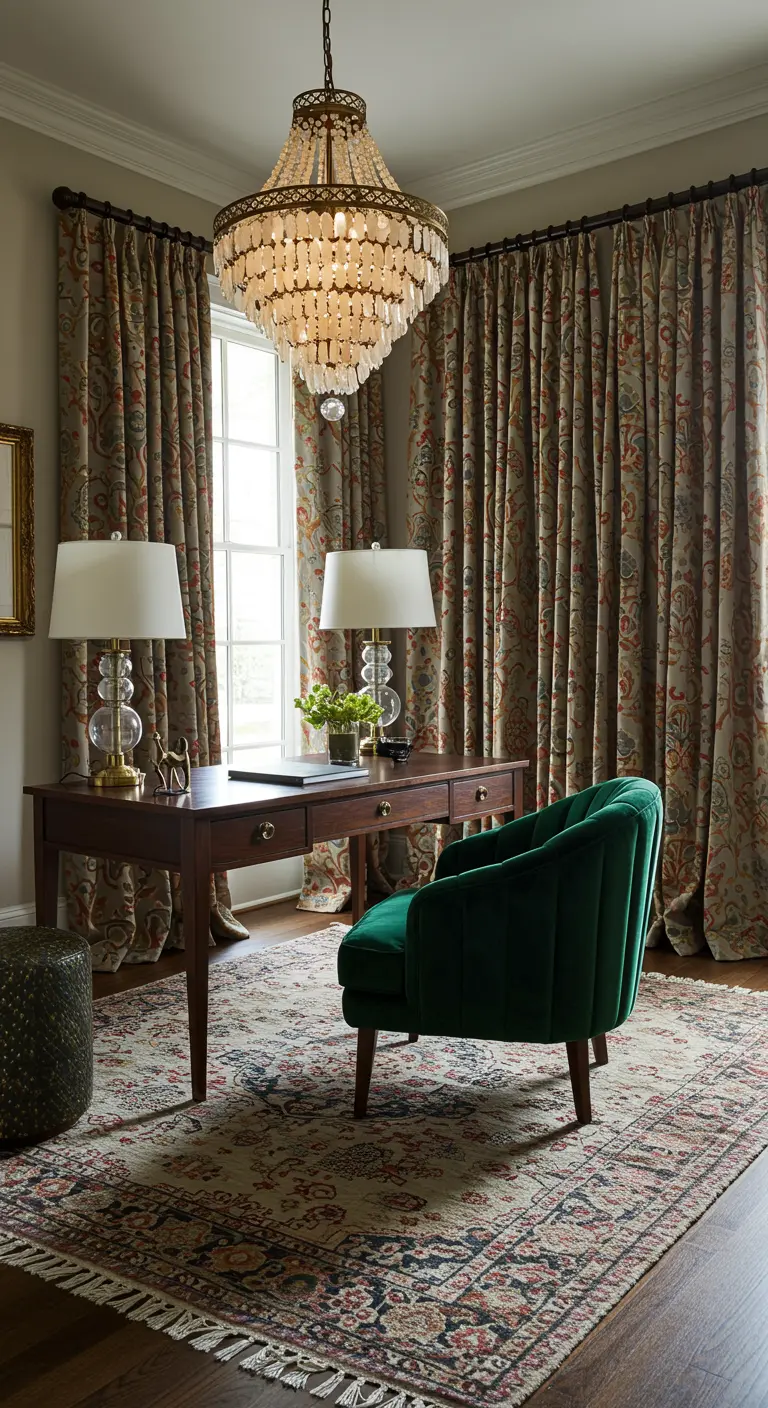 Bureau classique avec lustre à pampilles, rideaux à motifs et fauteuil en velours vert.