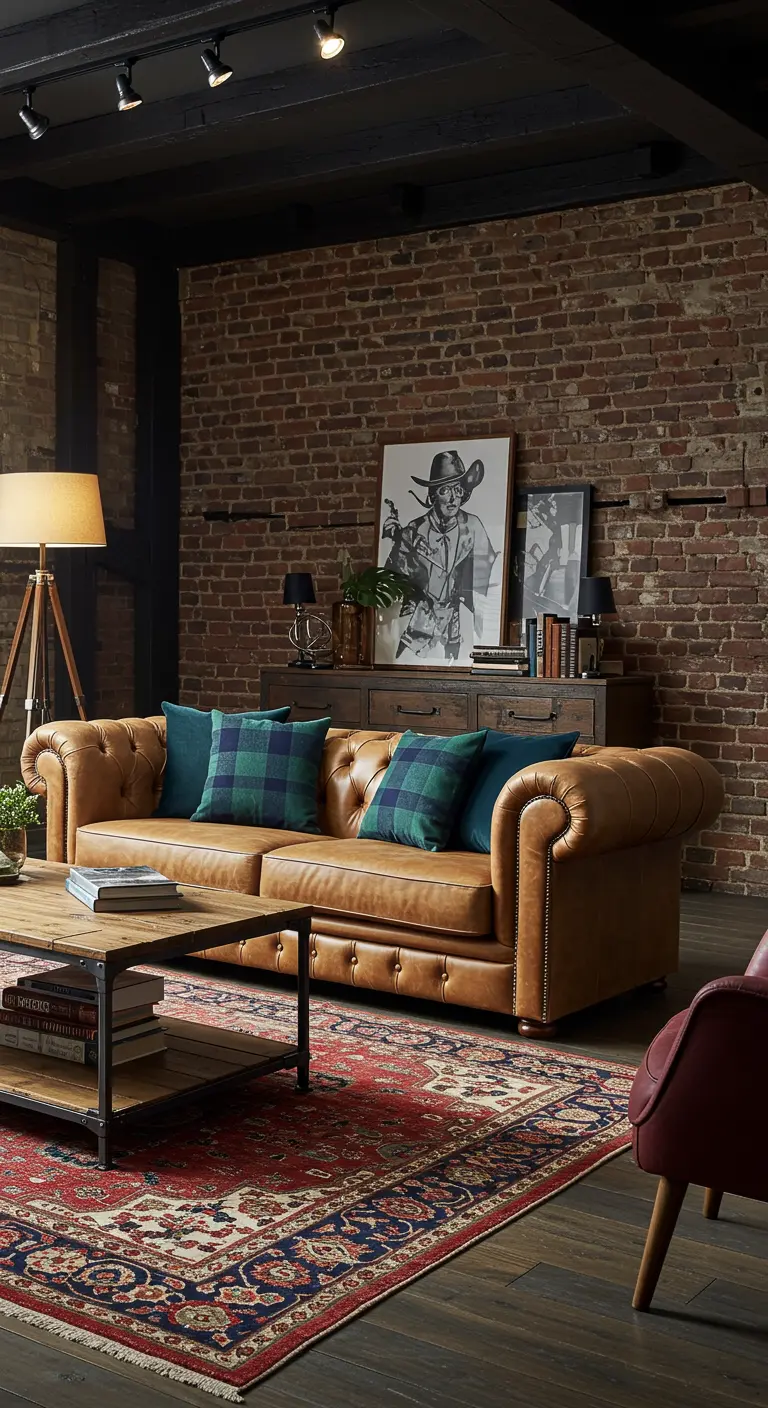 Canapé Chesterfield en cuir marron avec des coussins à carreaux verts et bleus dans un salon brique.