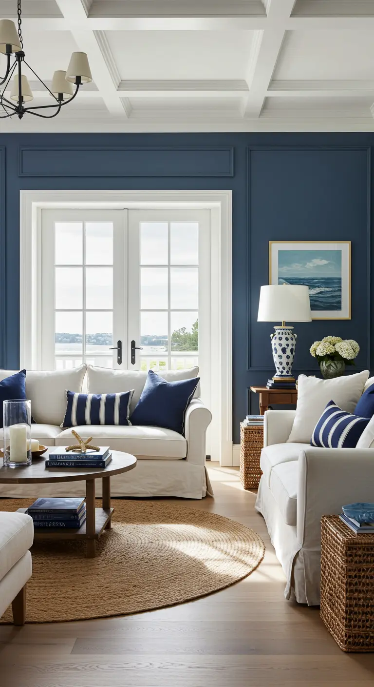 Salon de style côtier avec murs lambrissés en bleu ardoise et mobilier blanc.