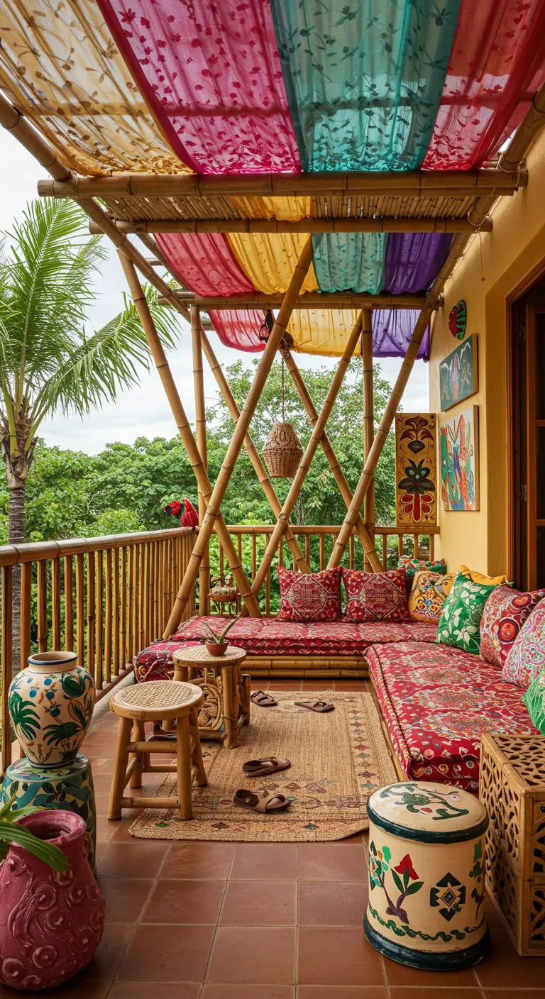 Salon d'extérieur en bambou et bois clair avec coussins blancs, sous une pergola en chaume, décoré de coraux.