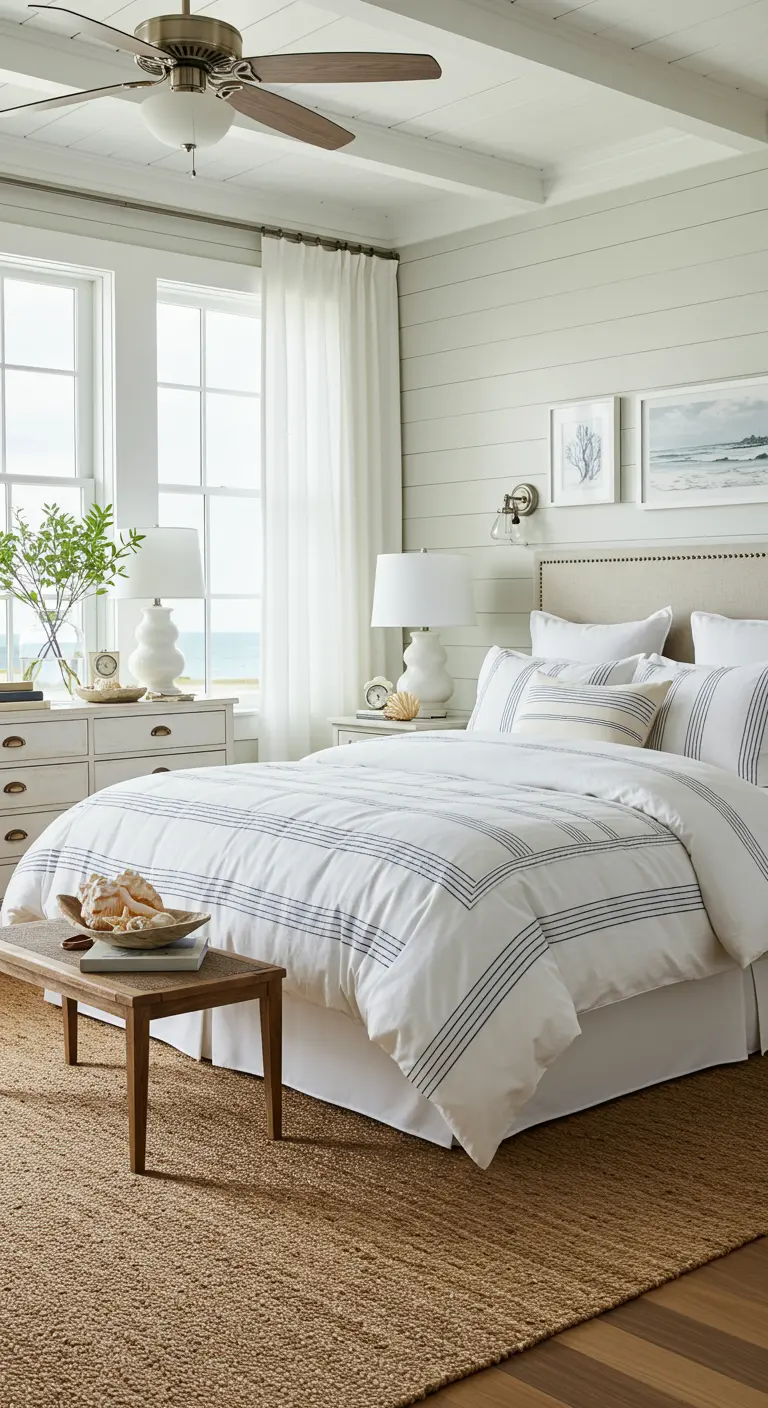 Chambre lumineuse au style côtier, avec des bleus et blancs, prête pour une transition hivernale.