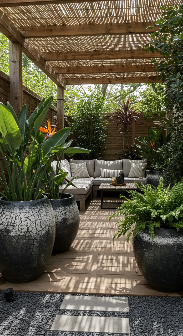 Grandes jardinières noires à effet craquelé sur une terrasse en bois.