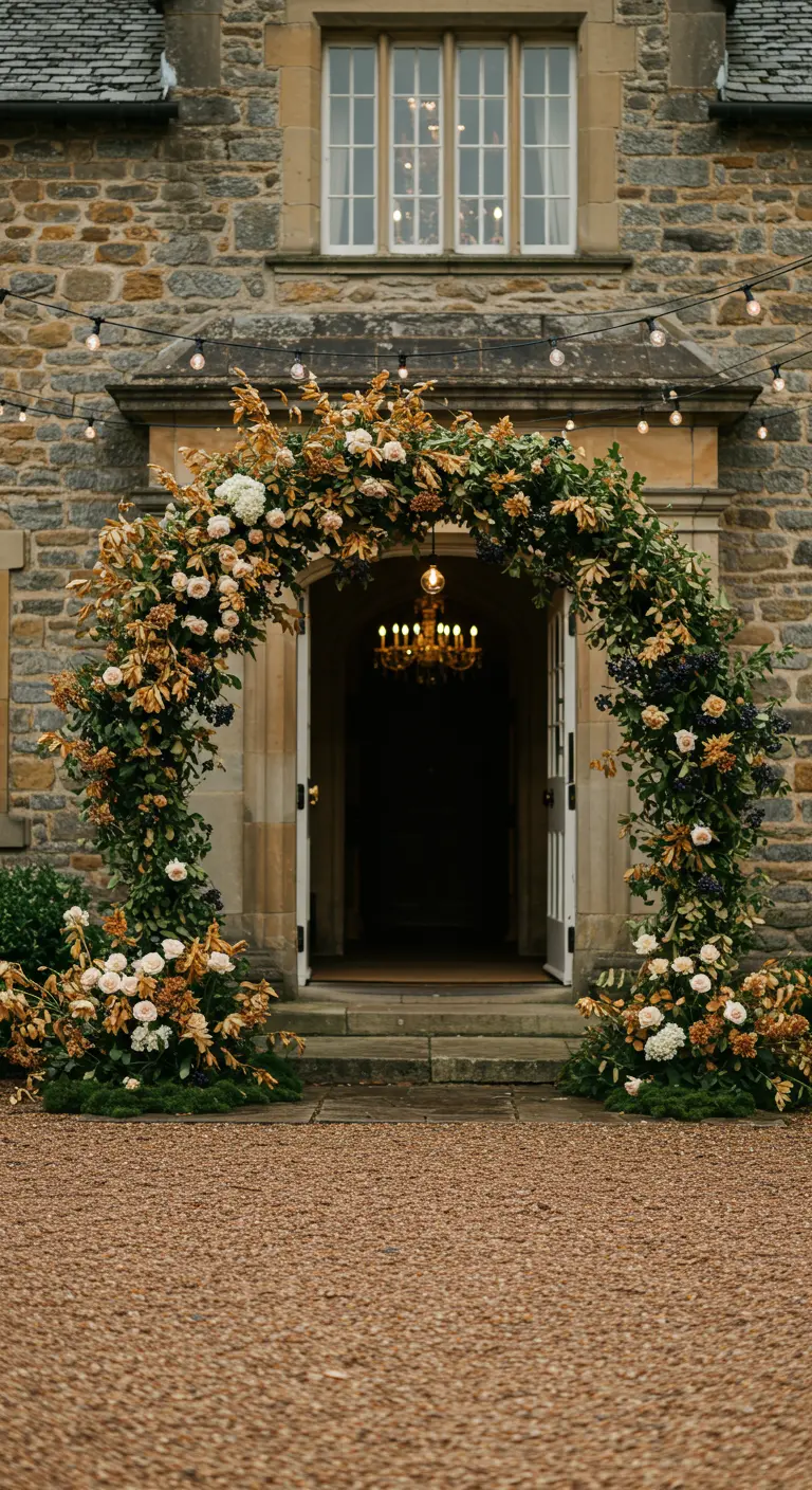 Arche florale d'automne opulente à l'entrée d'un manoir en pierre.