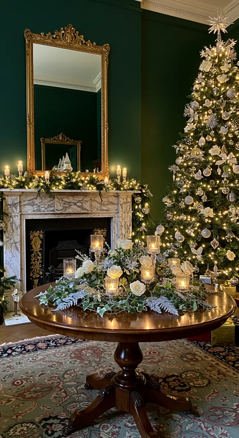 Salon élégant avec murs verts, grand sapin et centre de table floral blanc et doré.