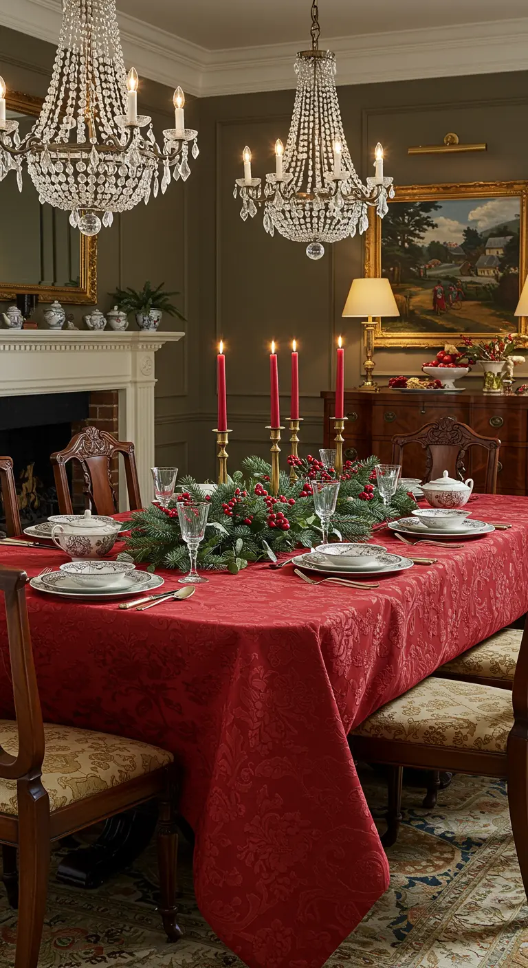 Table de Noël classique avec nappe rouge, bougies rouges et guirlande de houx.