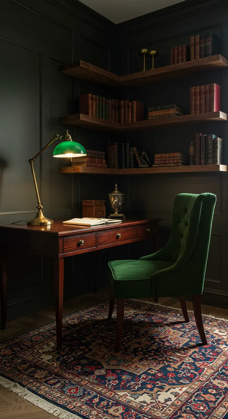 Bureau en bois sombre dans une pièce aux murs verts, avec fauteuil en velours et étagères de livres.