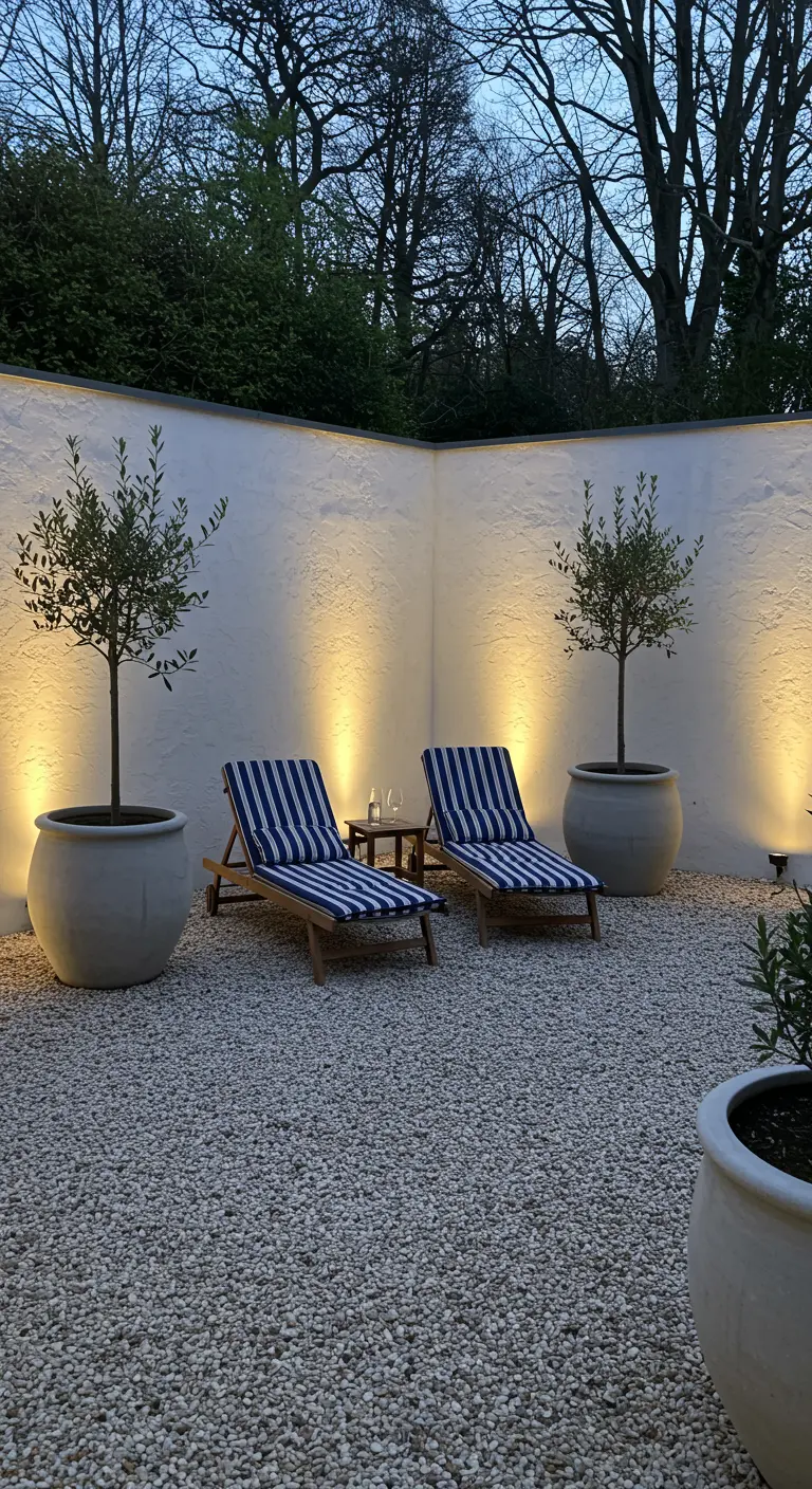 Cour minimaliste avec des oliviers dans de grands pots et un éclairage mural.