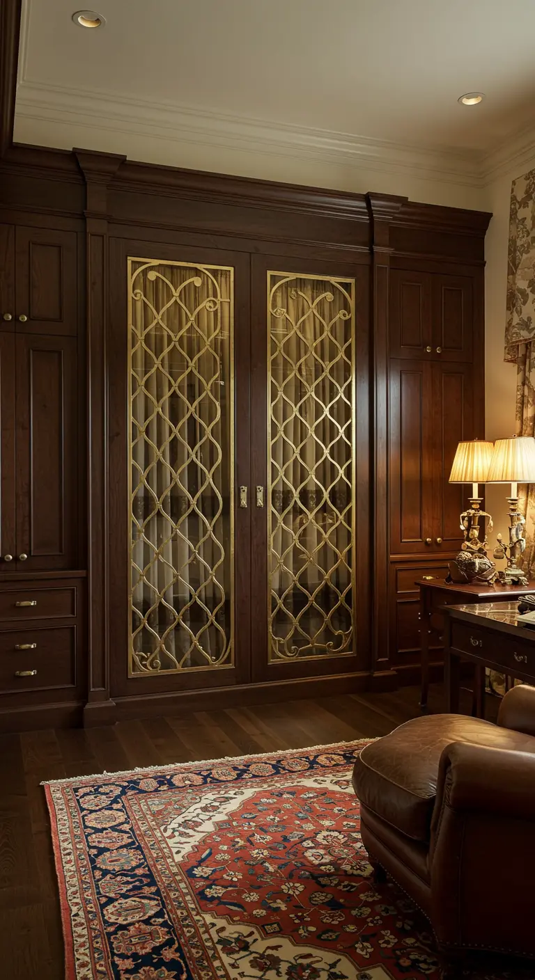 Portes d'armoire en bois foncé avec des panneaux en grillage métallique doré et ondulé.