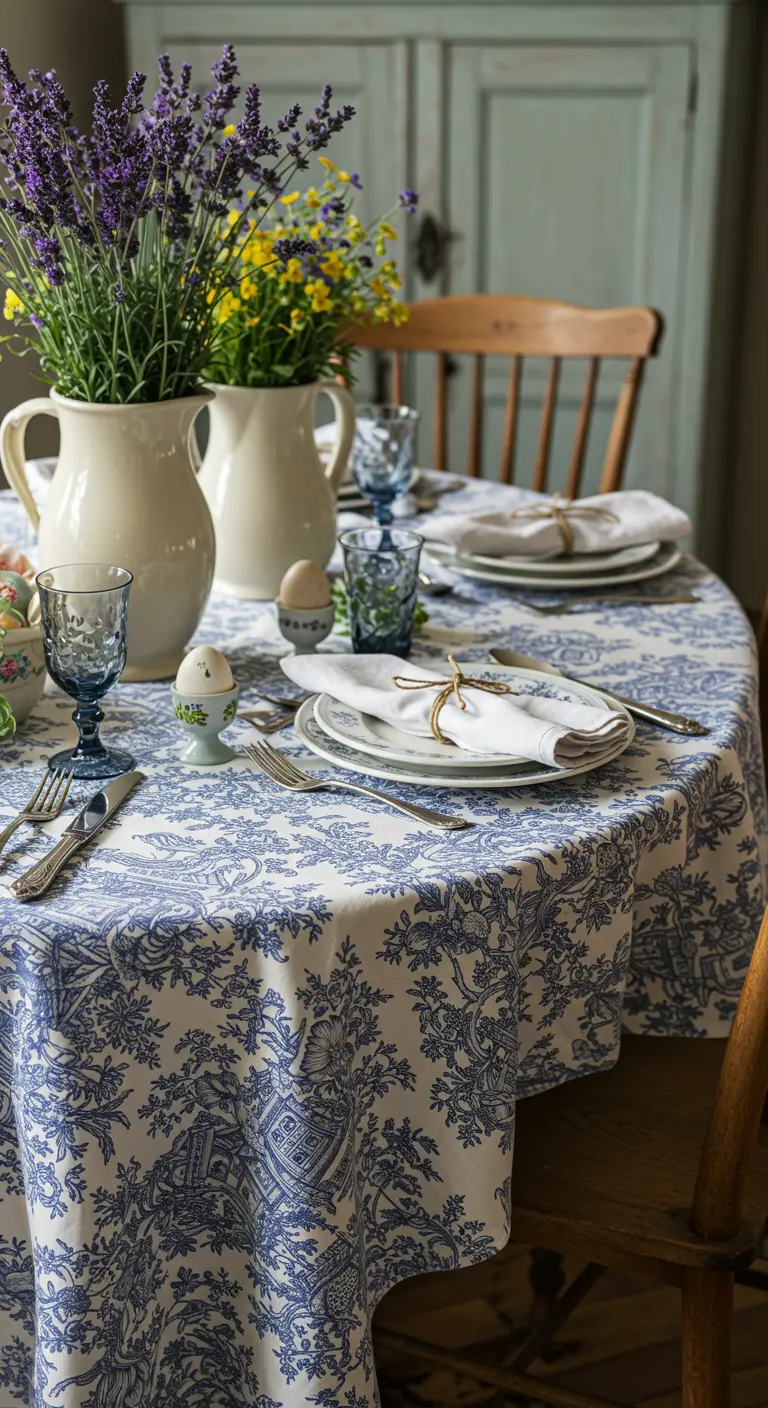 Table de Pâques style campagne chic avec nappe à motifs bleus et bouquet de lavande.