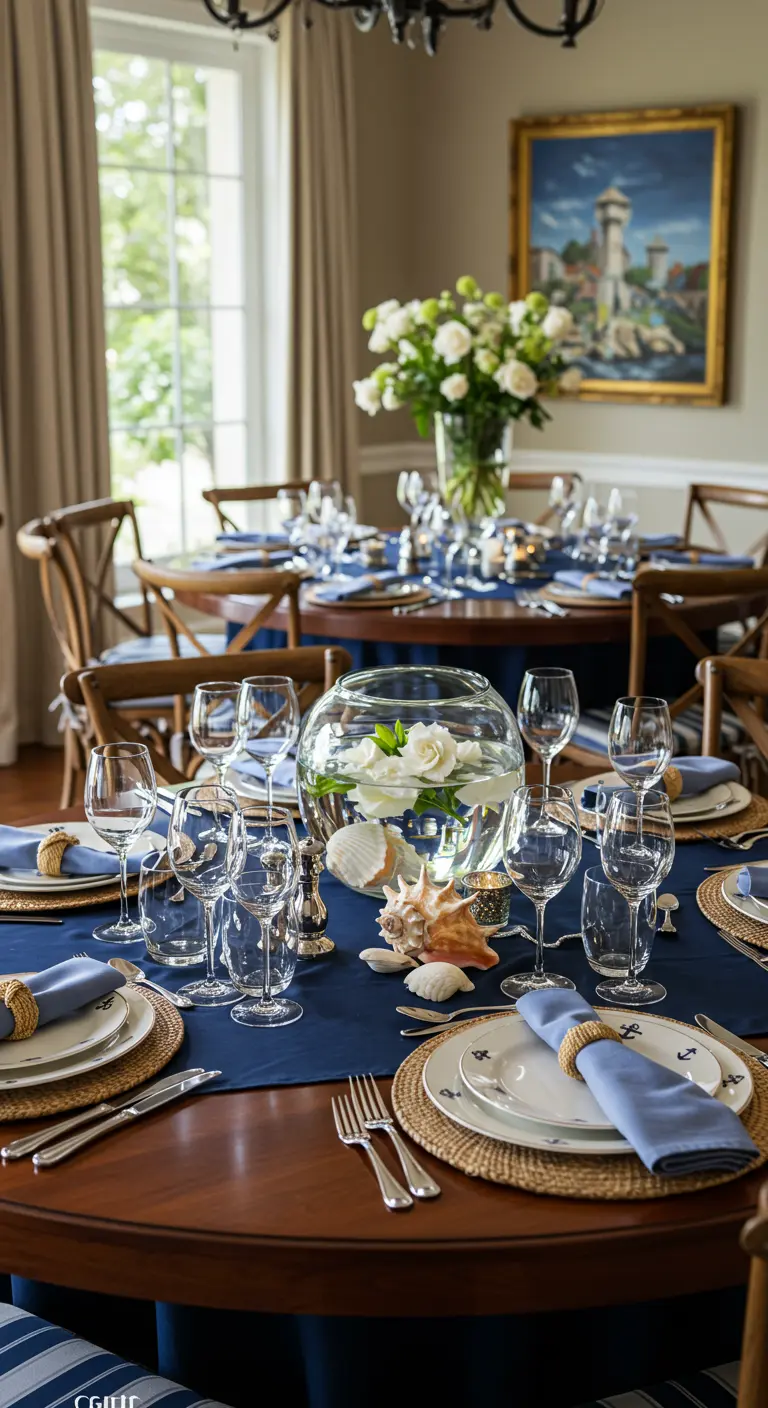 Table ronde élégante, nappe bleu marine, sets en paille et centre de table avec vase rempli d'eau.