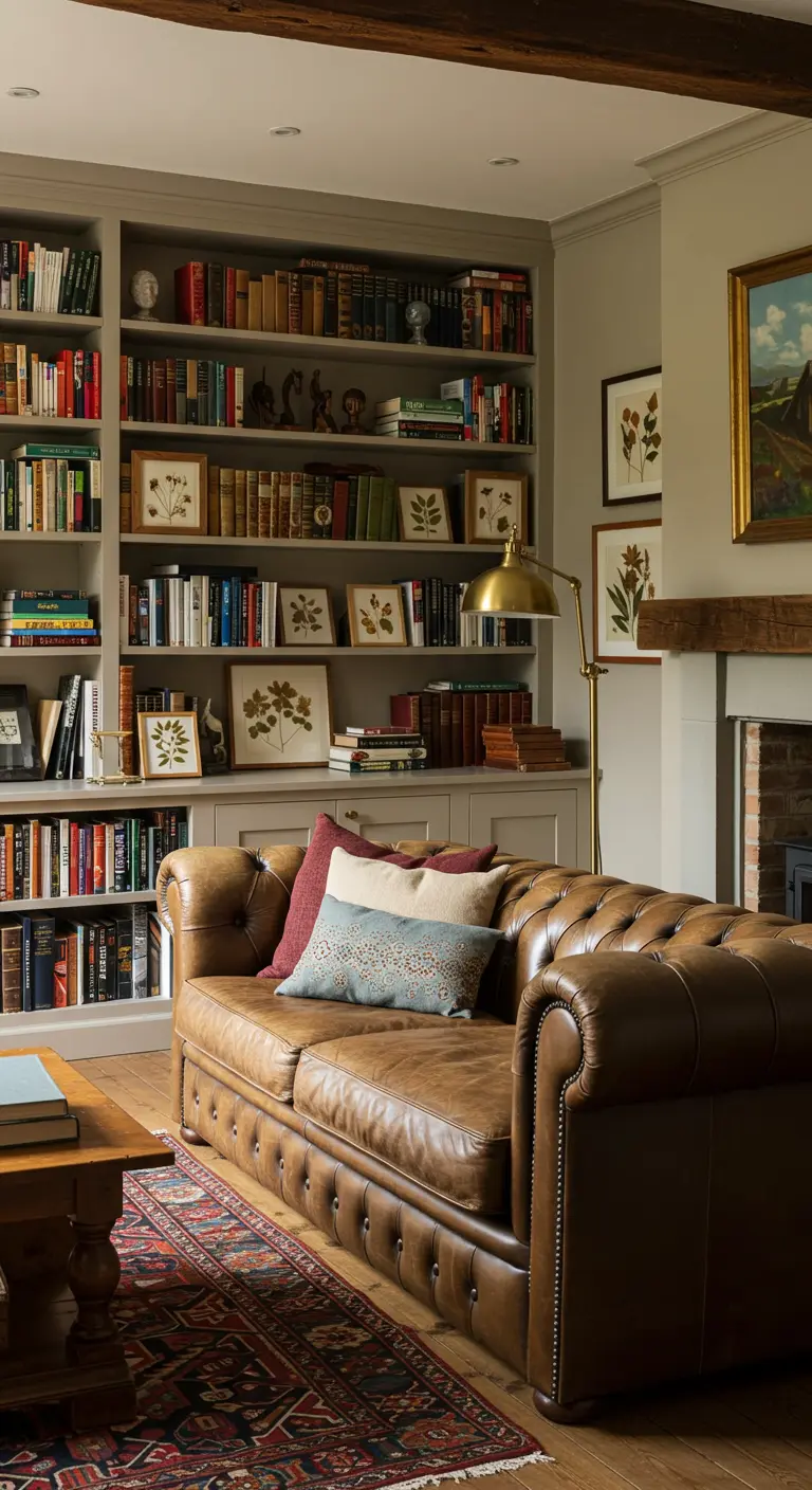 Bibliothèque encastrée avec des livres et des cadres d'herbiers, à côté d'un canapé en cuir.